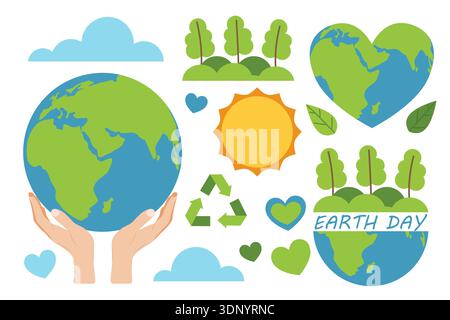 Ensemble jour de la Terre avec des éléments écologiques. Planète verte, globe, planète en forme de cœur, plantes et fleurs. Écologie, protection de l'environnement, plat Illustration de Vecteur