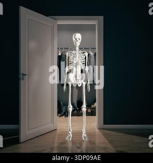 Squelette 3d révélant un placard secret avec des vêtements Banque D'Images