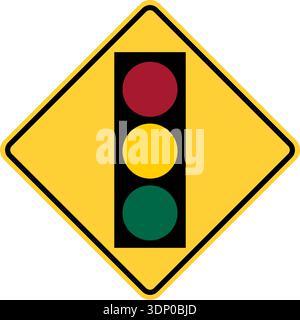 Illustration vectorielle d'un feu de circulation américain devant le panneau d'autoroute. Il se compose de feux rouges, jaunes et verts dans un carré noir et jaune incliné Illustration de Vecteur