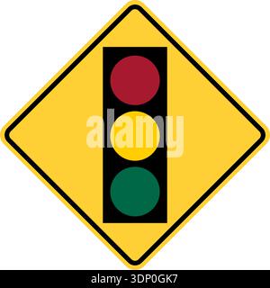 Illustration vectorielle d'un feu de circulation américain devant le panneau d'autoroute. Il se compose de feux rouges, jaunes et verts dans un carré noir et jaune incliné Illustration de Vecteur