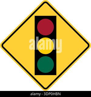 Illustration vectorielle d'un feu de circulation américain devant le panneau d'autoroute. Il se compose de feux rouges, jaunes et verts dans un carré noir et jaune incliné Illustration de Vecteur