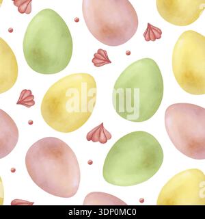 Motif sans couture aquarelle avec des œufs de Pâques pastel peints à la main et de petits éléments floraux sur fond blanc. Illustration de printemps botanique souple pour Banque D'Images