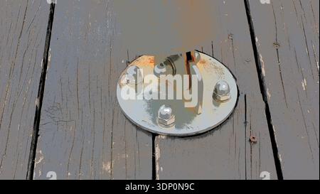 Illustration stylisée montrant une plaque de base en métal rouillé fixée par des boulons à des lames de terrasse en bois usé. Gros plan sur la mise en évidence des détails industriels Banque D'Images