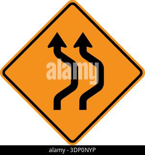 Graphique vectoriel d'une courbe inversée double USA dans un panneau routier. Il se compose de deux flèches avec des queues courbées dans un carré noir et orange incliné Illustration de Vecteur