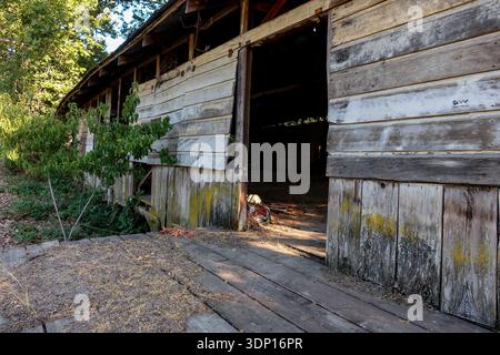 Une ancienne grange en bois se dresse avec ses portes ouvertes dans une zone rurale. La grange montre des signes d'usure et a une entrée simple. La lumière du soleil brille à travers le tre Banque D'Images