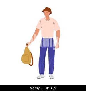 Jeune homme dans le chapeau et les vêtements Panama à la mode tient petit sac à dos urbain. Concept de promenades légères en ville. Illustration vectorielle. Illustration de Vecteur