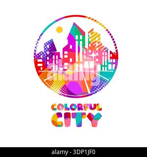 Logo coloré skyline moderne de ville avec gratte-ciel dans le style vectoriel plat sur fond blanc. Dessiné à la main pas ai, illustration vectorielle. Illustration de Vecteur