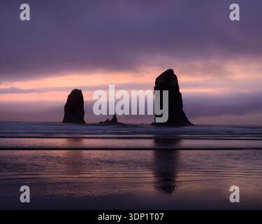 Les piles de rochers Needles se reflétant sur le sable humide au coucher du soleil à Cannon Beach, Oregon, États-Unis. Banque D'Images