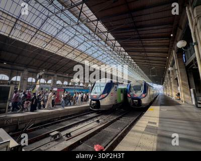 PARIS, FRANCE - 22 JUIN 2025 : deux trains régionaux TER SNCF stationnent sur les quais de départ de Paris Gare du Nord sous une verrière. Gare du nord tr Banque D'Images
