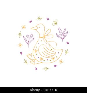 Dessiné à la main Doodle Spring Goose avec dessin de fleurs Illustration de Vecteur
