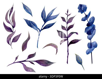 Illustration artistique d'aquarelle mettant en vedette diverses feuilles bleues et violettes sur un fond blanc. Banque D'Images