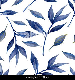 Un motif sans couture avec des feuilles bleues artistiques dispersées sur un fond blanc. Idéal pour le design textile ou le papier peint. Banque D'Images