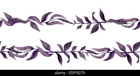 Motif horizontal de feuilles d'aquarelle violette sur un fond blanc. Le design est transparent et artistique. Banque D'Images