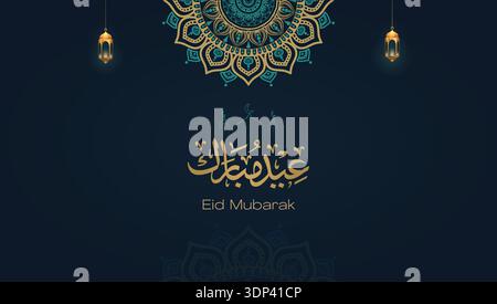 Eid Moubarak bannière carte de voeux arabe calligraphie avec lanternes islamiques et design Mandala Illustration de Vecteur