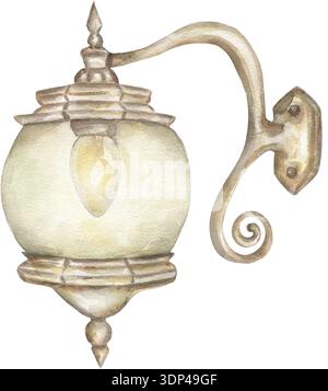 Illustration de lanterne vintage aquarelle, clipart d'éclairage extérieur ancien, style rétro peint à la main, esthétique architecturale Banque D'Images