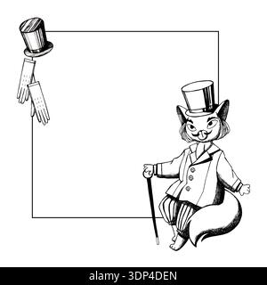 Un cadre noir et blanc représentant un chat dans un chapeau haut de gamme et tenant un parapluie Banque D'Images