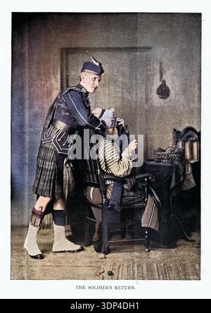 Photographie vintage du premier photographe écossais Adam Diston, années 1890, XIXe siècle. Soldat écossais rentrant chez lui chez sa mère, victorienne, XIXe siècle Banque D'Images