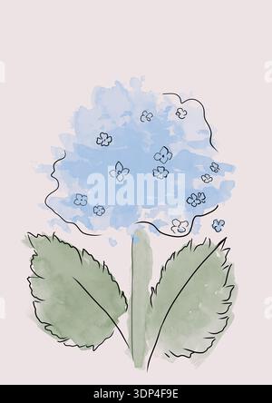 Croquis aquarelle de fleur d'hortensia bleue, illustration botanique, pastel doux Banque D'Images