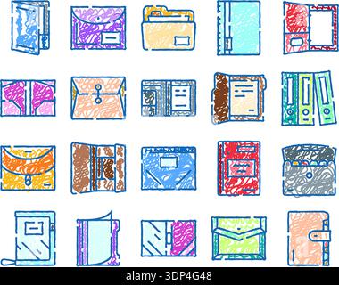 Organisation des documents d'affaires et de la papeterie dans des icônes de doodle Illustration de Vecteur