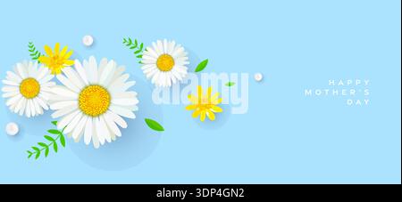 Modèle de bannière de fête des mères avec des décorations florales sur fond bleu. Bonne carte de voeux pour la fête des mères avec fleurs, feuilles et perles Illustration de Vecteur