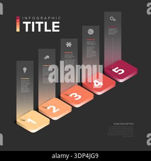 Cette infographie isométrique présente cinq étapes numérotées dans une conception professionnelle. Les étapes numérotées sont idéales pour afficher un flux de travail infographique ou Illustration de Vecteur