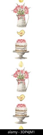 Bordure sans couture d'aquarelle de Pâques avec bouquet de printemps dans une cruche, un gâteau et un oiseau mignon. Illustration botanique dessinée à la main dans des couleurs pastel pour festif Banque D'Images
