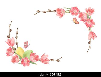 Cadre aquarelle de Pâques avec fleurs de printemps, tulipes, branches de saule, œufs et papillons. Illustration botanique dessinée à la main dans des couleurs pastel pour Banque D'Images