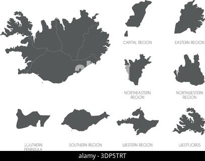Silhouettes de la région d'Islande définies et carte blanche du pays isolé sur fond blanc. Conception d'illustration vectorielle Illustration de Vecteur