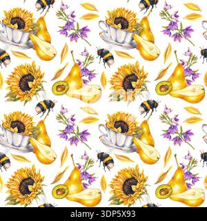 Motif aquarelle sans couture avec des poires jaunes, tournesols dans des tasses, abeilles, clochettes violettes et pétales jaunes. Illustration pour emballage, textiles, Banque D'Images