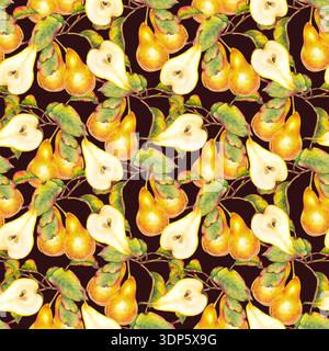 Motif aquarelle sans couture avec des poires jaunes entières et tranchées sur des branches avec des feuilles vertes et rouges. Illustration pour tissu, papier peint, emballage, k Banque D'Images