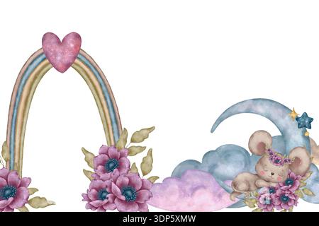 Illustration aquarelle d'une souris endormie sur la lune à côté d'un arc-en-ciel et de fleurs. Composition douce de bébé dans des tons pastel pour affiches, cartes, pack Banque D'Images