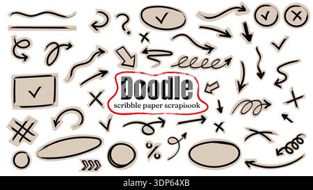Collage de scrapbook de papier Doodle Scribble avec flèches dessinées à la main et éléments texturés Grunge. Illustration vectorielle Illustration de Vecteur
