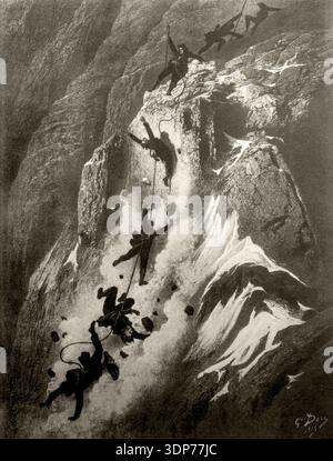 Gustave Doré, 1865 – la tragédie du Cervin une gravure emblématique de Gustave Doré représentant les conséquences de la première ascension du Cervin en 1865, capturant la chute dramatique des grimpeurs et la puissance brute et impitoyable du paysage alpin. Doré transforme l’événement historique en une scène d’une intensité épique, où l’ambition humaine rencontre l’immensité de la montagne. Banque D'Images