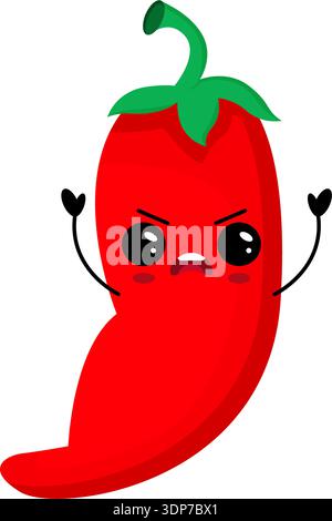 Poivre kawaii épicé rouge en colère. Illustration d'un légume isolé sur fond transparent Illustration de Vecteur