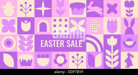 Bannière géométrique de vente de Pâques en grille de lavande d'icônes de tulipe et de gâteau, pois, silhouette de lapin et carreaux d'oeuf, palette violette et rose douce, energ Illustration de Vecteur