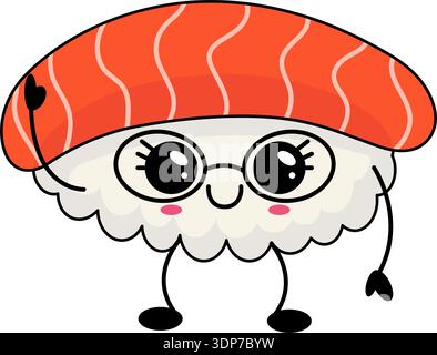 Joli personnage de Sushi saumon agitant la main, portant des lunettes. Isolé sur fond transparent Illustration de Vecteur