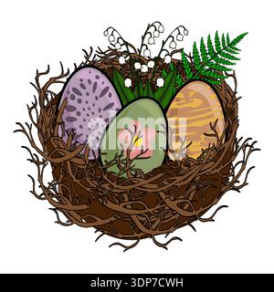 Oeufs de Pâques festifs dans un nid rustique avec le lis de la vallée et l'illustration vectorielle de fougère Illustration de Vecteur