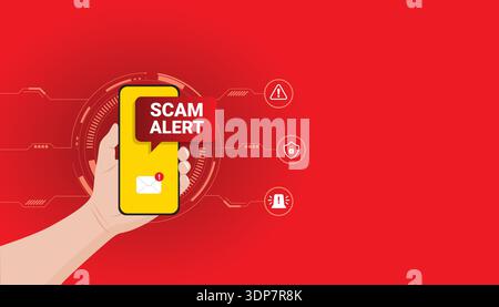 Main tenant smartphone avec message d'alerte d'arnaque et symbole de notification, représentant la détection de fraude en ligne et le concept de protection numérique. Illustration de Vecteur