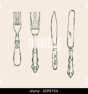 Un ensemble de couverts vintage. Couteaux et fourchettes antiques. Argenterie antique. Illustration vectorielle dessinée à la main en vert. Illustration de Vecteur