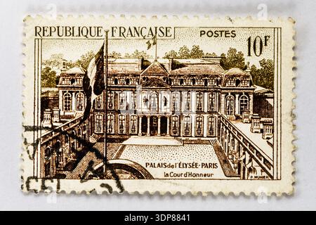 France Elysée Palace résidence présidentielle Paris Gouvernement officiel timbre vintage ! Ce timbre commémoratif français institutionnellement distingué iss Banque D'Images