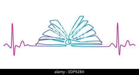 Une ligne, ligne continue dessin d'un livre entre deux battements de cœur. Illustration minimaliste représentant la lecture. Illustration de Vecteur