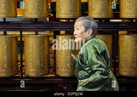 Femme mongole, vêtue d'un Deel traditionnel en soie verte, effectue un rituel sacré en faisant tourner des roues à prières dorées dans un monastère bouddhiste en Mongolie Banque D'Images