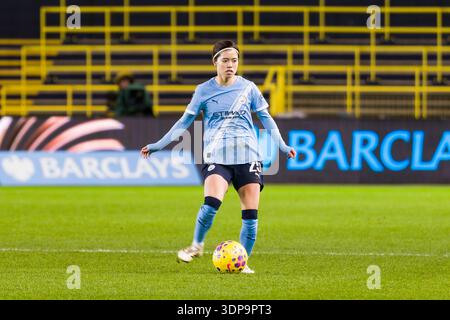 Manchester, Royaume-Uni. 13 février 2026. Yui Hasegawa de Manchester City Women en possession du ballon dans le match de Super League féminine de Barclays entre Manchester City Women et Leicester City Women au stade joie. Crédit : Damon Thomson/Alamy Live News Banque D'Images