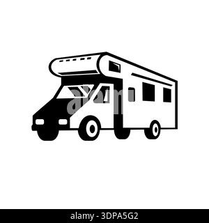 Illustration de style rétro noir et blanc d'un camping-car, camping-car ou caravane vu de côté sur fond isolé Banque D'Images