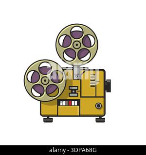 Illustration de style rétro d'un projecteur de bobine de film vintage vu de côté fait en couleur sur fond isolé Banque D'Images