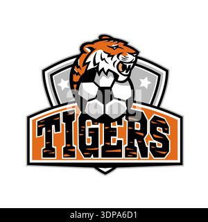 Illustration d'icône de mascotte de la tête d'un tigre avec ballon de football de football fixé à l'intérieur de la crête ou bouclier avec le mot Tigres vu de devant sur dos isolé Banque D'Images