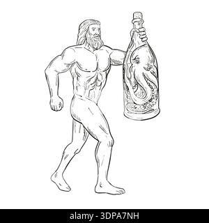 Croquis dessin illustration style de Hercules, un héros romain et la tenue d'un dieu en colère à l'octopus isolées sur fond blanc en noir et blanc Banque D'Images