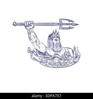 Croquis dessin illustration style de Triton, un dieu grec, le messager de la mer, fils de Poséidon et Amphitrite, armés de trident sur mer avec des vagues Banque D'Images