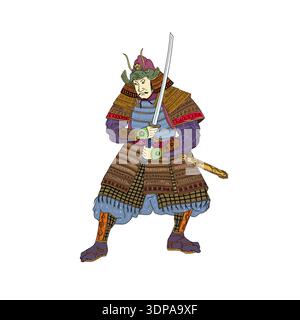 Illustration de style Woodblock vintage d'un guerrier samouraï japonais portant un casque de kabuto avec une épée de katana en position de combat sur fond isolé Banque D'Images
