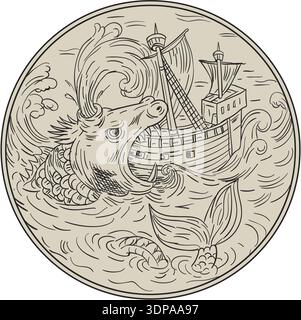 Dessin illustration de style croquis d'un monstre marin antique attaquant dévorant un voilier dans l'eau de mer turbulente de l'océan mis à l'intérieur du cercle Banque D'Images